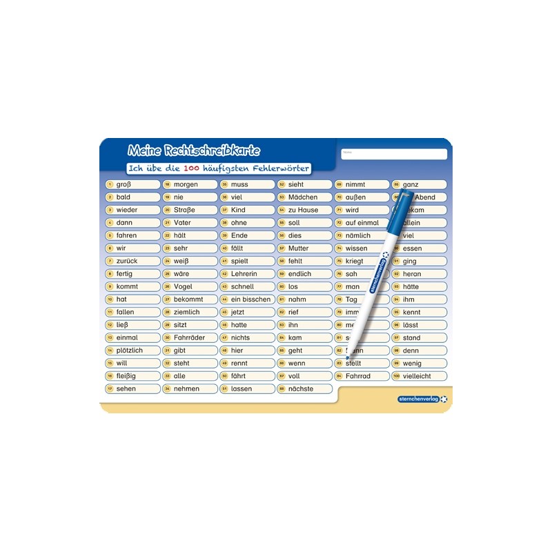 Meine Rechtschreibekarte Ich übe die 100 häufigsten Fehlerwörter + Stift Meine Rechtschreibekarte Ich übe die 100 häufigsten Fehlerwörter + Stift