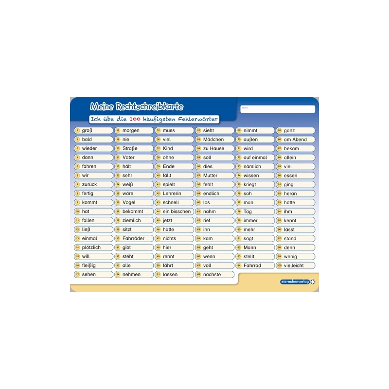 My spelling card - I practice the 100 most common misspelled words - without a pen
