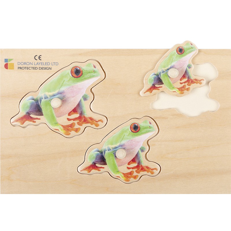 Holz-Puzzle realistisch Größe & Tiefe 3er Set (Frösche,Hasen,Katzen)