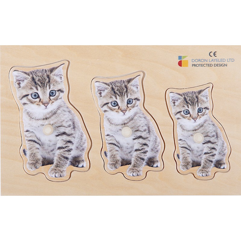 Realistické drevené puzzle veľkosť a hĺbka 3 kusy (žaby, zajace, mačky)