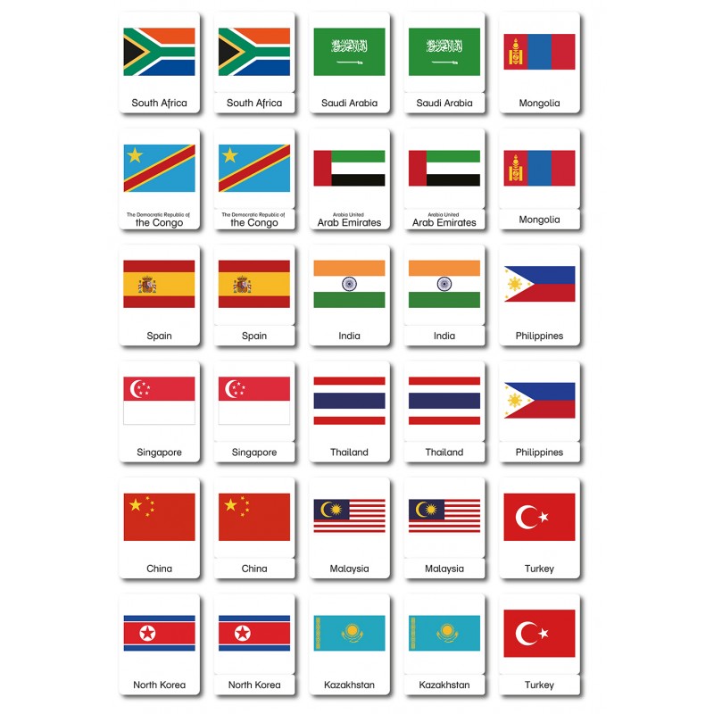 Flaggen der Welt - drei Teilekarten - Englisch