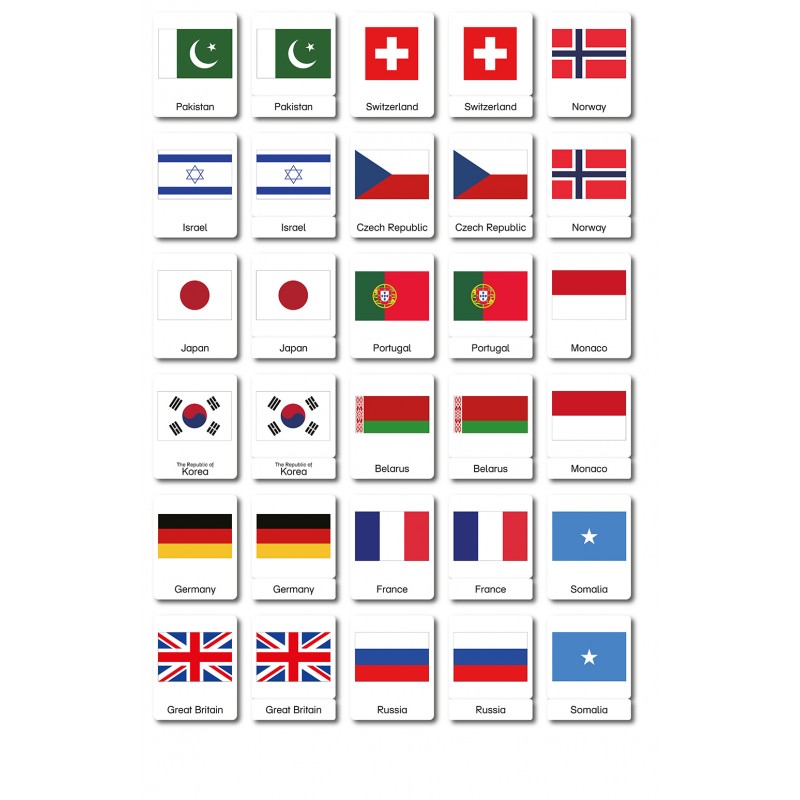 Flaggen der Welt - drei Teilekarten - Englisch