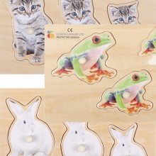 Wooden puzzle realistic size & depth 3-piece set (frogs, rabbits, cats)
